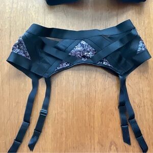 Victoria's Secret Black and Purple Sequin Garter Belt and Thong